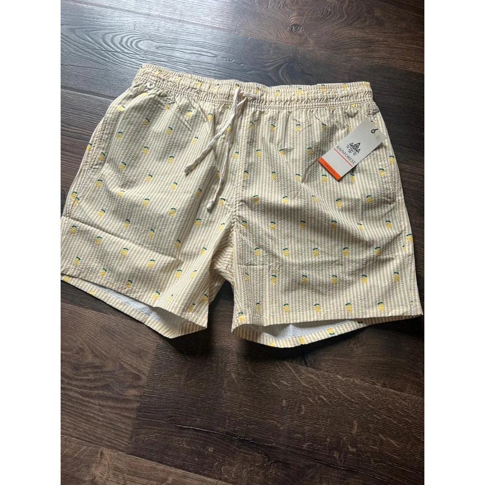 Rainforest Mens Seersucker Lemon Swim Trunks 6in Inseam Compression Liner L